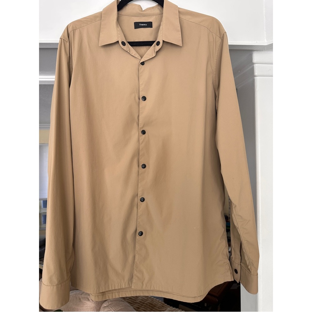 Theory size L Tan Nylon Woven Button-Up Shirt